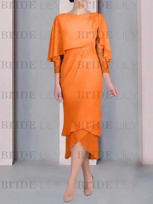 Orange chiffon mother of the bride tea length dress with cape overlay