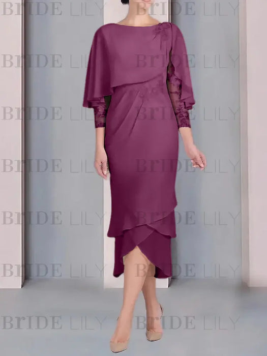 Orchid chiffon mother of the bride tea length dress with cape overlay