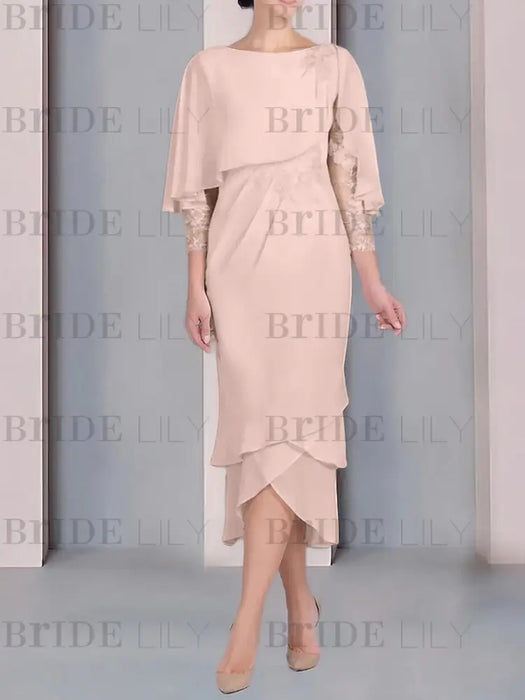 Pearl Pink chiffon mother of the bride tea length dress with cape overlay
