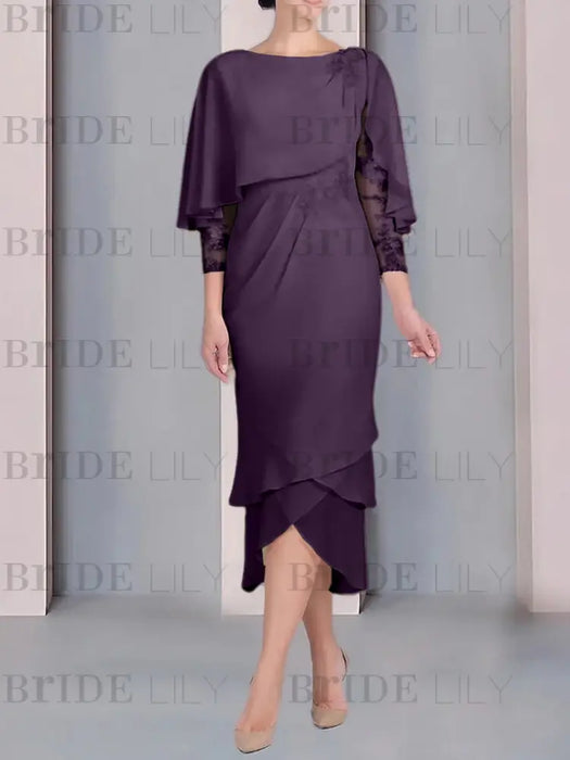 Plum chiffon mother of the bride tea length dress with cape overlay