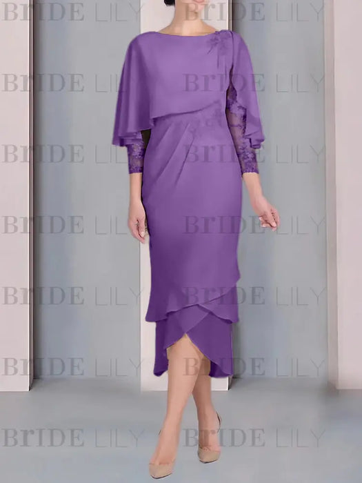 Purple chiffon mother of the bride tea length dress with cape overlay