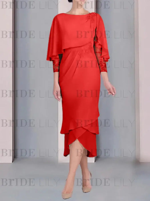 Red chiffon mother of the bride tea length dress with cape overlay