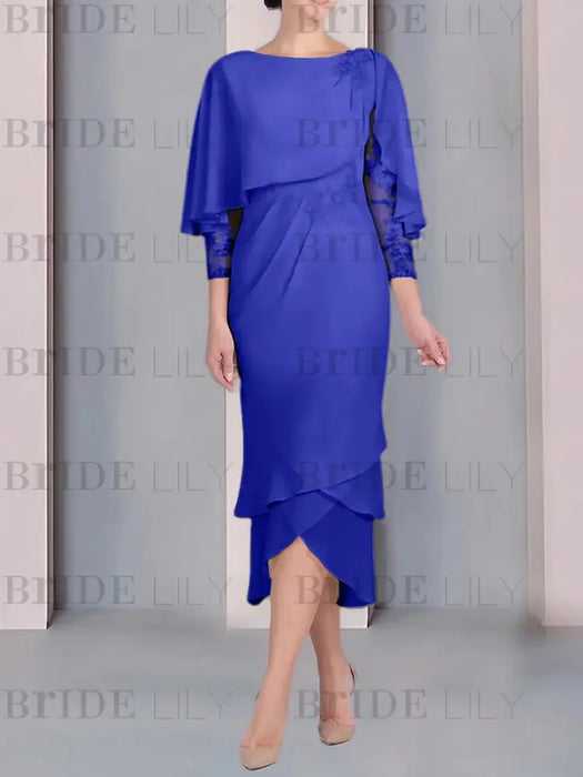 Royal Blue chiffon mother of the bride tea length dress with cape overlay
