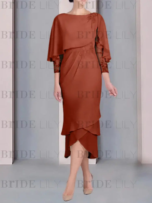 Rust chiffon mother of the bride tea length dress with cape overlay