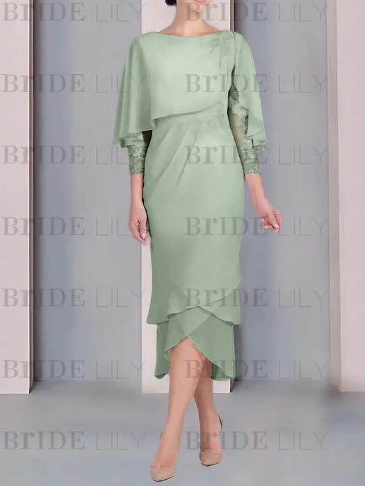 Sage green chiffon tea length dress with a cape overlay