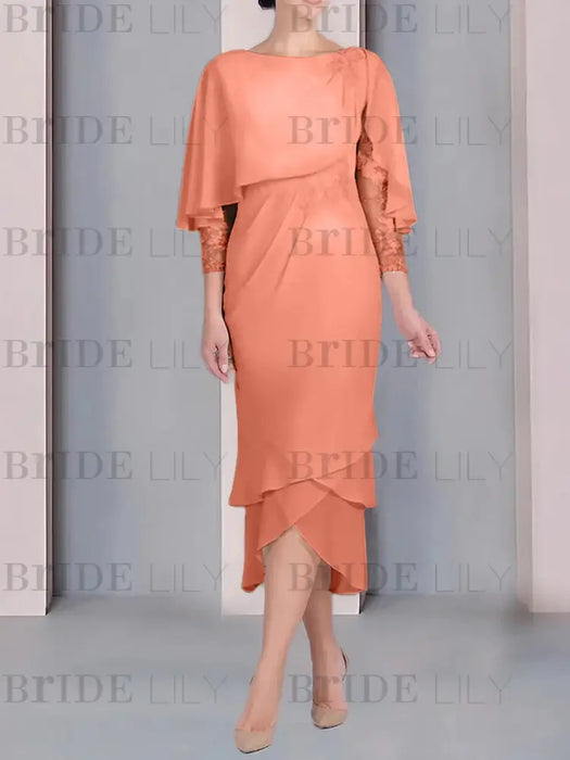 Salmon chiffon mother of the bride tea length dress with cape overlay