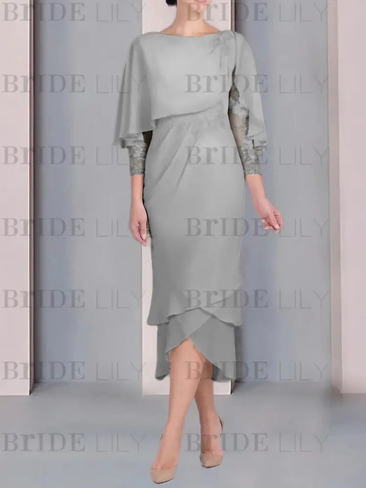 Silver chiffon mother of the bride tea length dress with cape overlay