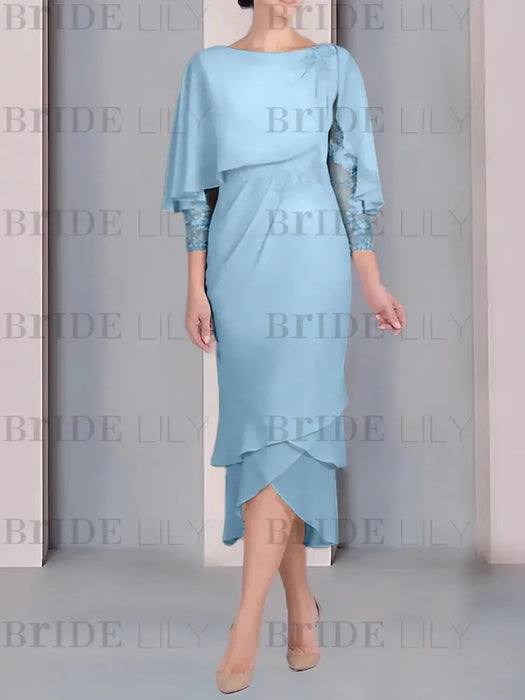 Sky Blue chiffon mother of the bride tea length dress with cape overlay