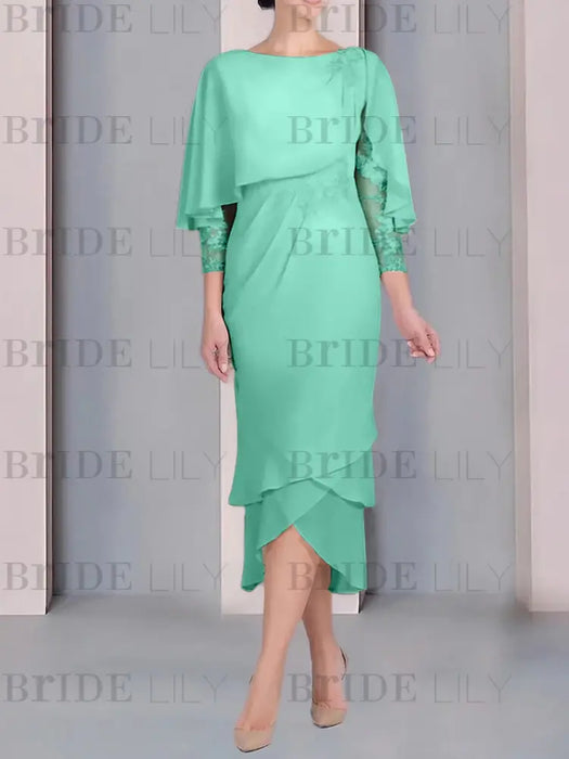 Spa chiffon mother of the bride tea length dress with cape overlay