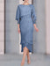 Steel Blue chiffon mother of the bride tea length dress with cape overlay