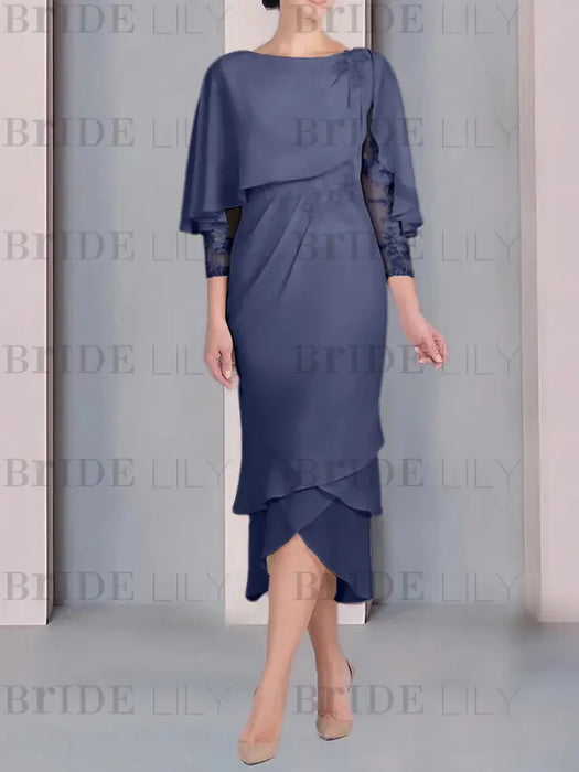 Stormy Blue chiffon mother of the bride tea length dress with cape overlay