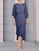 Stormy Blue chiffon mother of the bride tea length dress with cape overlay