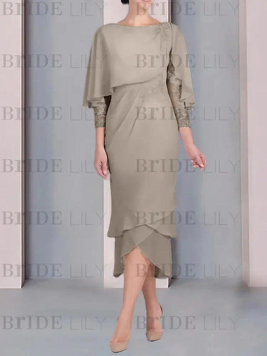 Taupe chiffon mother of the bride tea length dress with cape overlay