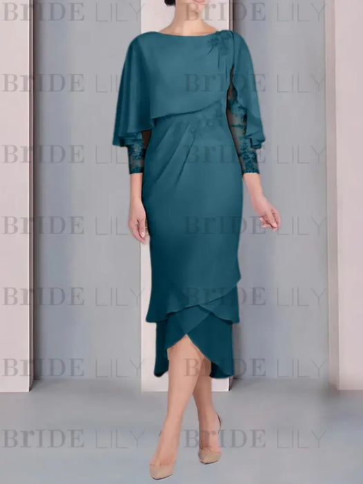 Teal chiffon mother of the bride tea length dress with cape overlay