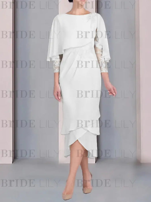 White chiffon mother of the bride tea length dress with cape overlay