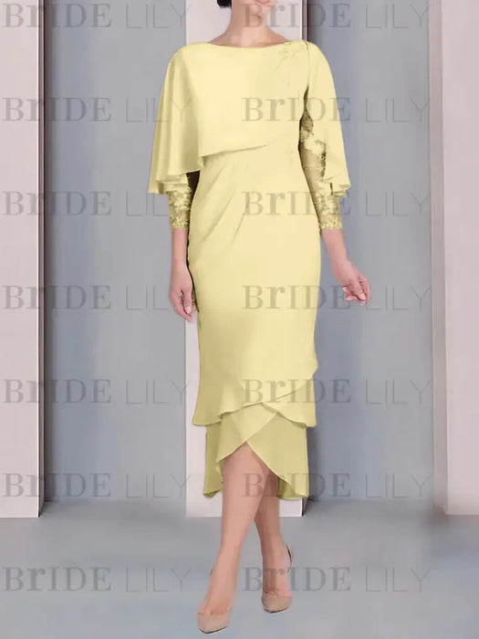 Yellow chiffon mother of the bride tea length dress with cape overlay