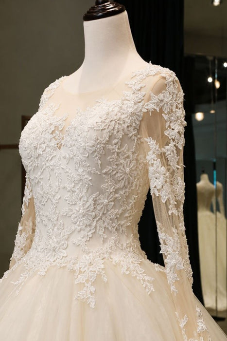 Cathedral Train Appliques Long Sleeve A-line Wedding Dresses - As Picture / Floor Length - wedding dresses