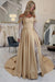 Champagne Off-the-Shoulder Satin Wedding Dress Aline Long Sleeves Lace Bridal Dress with Split