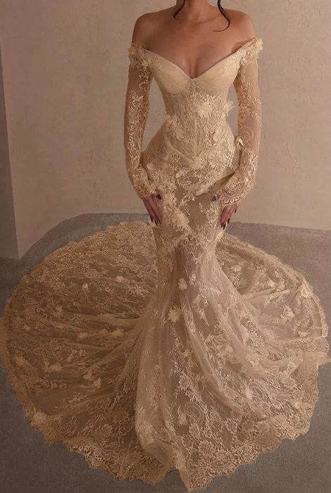 Champagne Off-the-Shoulder Lace Mermaid Wedding Dress with Long Sleeves