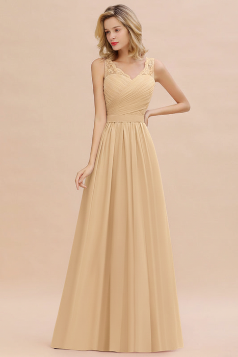 Champagne Modest Floral Lace A-line Bridesmaid Dress V-Neck Floor Length Chiffon Wedding Guest Dress 