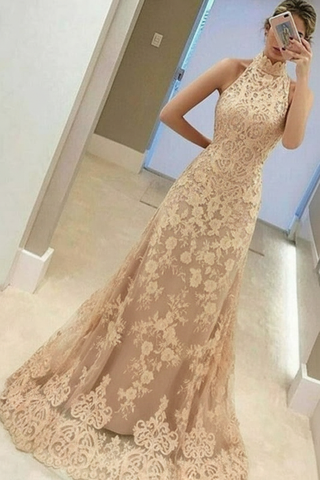 Champagne A-Line High Neck Sleeveless Floor-Length Lavender Lace Prom Dress - Prom Dresses