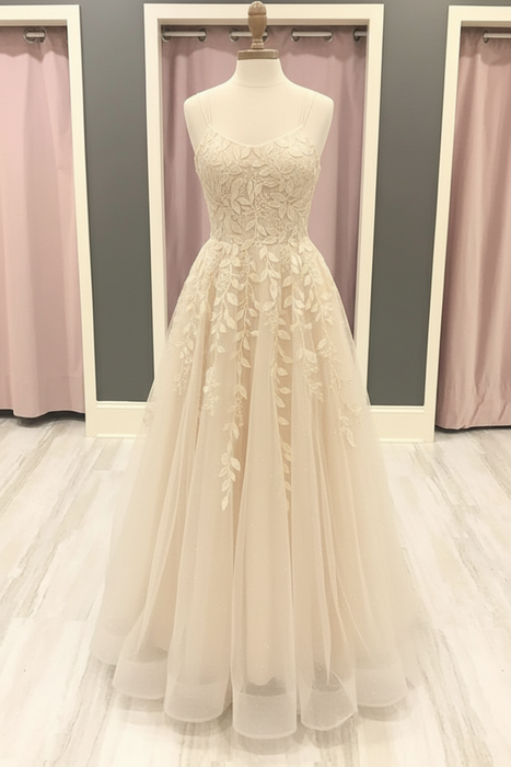 Champagne A Line Lace Long Prom Dresses