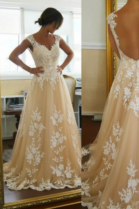 Champagne A-Line Lace Straps Pretty Sleeveless Wedding Dress - Wedding Dresses