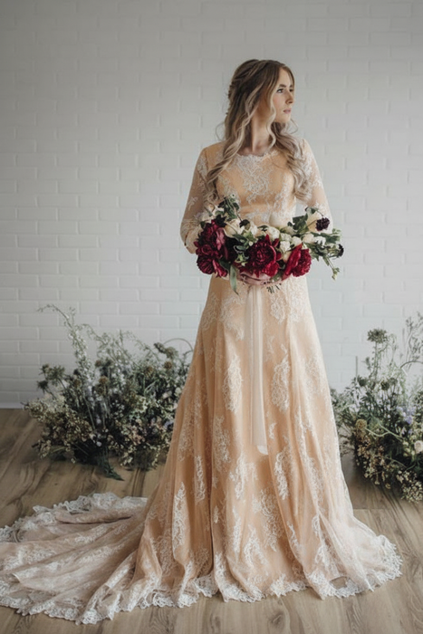 rustic vintage bridesmaid dresses Long Sleeve Lace Wedding Dress A-Line Bridal Gown blue cinderella