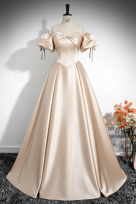 Champagne A-Line Pleated Off-The-Shoulder Prom Dress