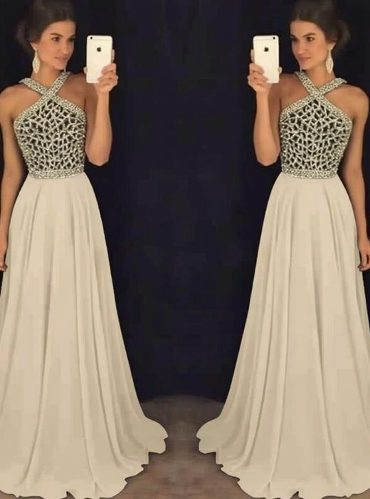 Champagne A-Line/Princess Sleeveless Halter Chiffon Beading Floor-Length Dresses - Prom Dresses