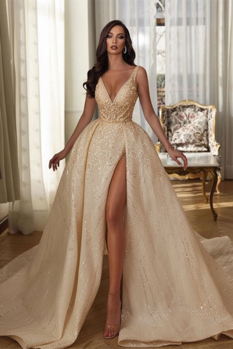 Champagne Aline Sleeveless Front Split Wedding Dress V-neck Sequins Bridal Dress - wedding dresses