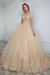 Champagne Aline Wedding Gown Long Sleeves Tulle Bridal Dress with Lace Appliques