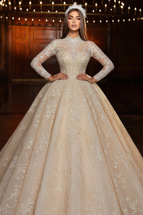 Champagne Lace Beaded Long Sleeves A-Line Floor-Length Wedding Dress