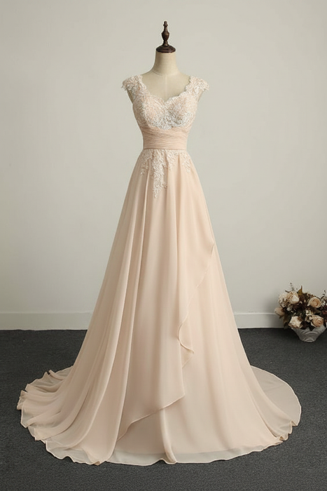 Champagne Appliques V-Neck Lace-Up Chiffon Wedding Dresses - wedding dresses