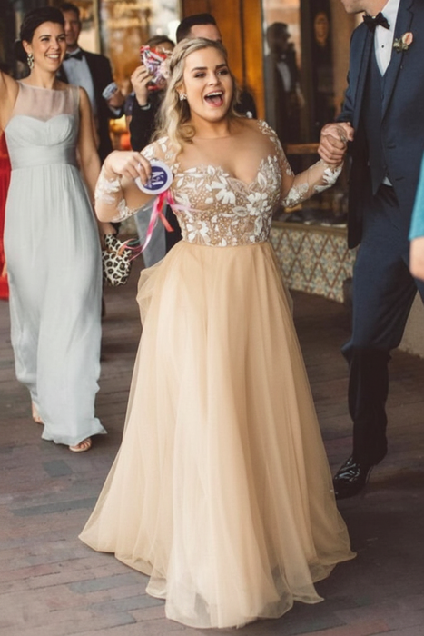 Champagne Beading Gorgeous Long Sleeves Unique Tulle Wedding Dress - Wedding Dresses