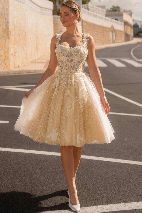 Champagne Beautiful Sleeveless Tulle Aline Wedding Dress Short with Lace Appliques