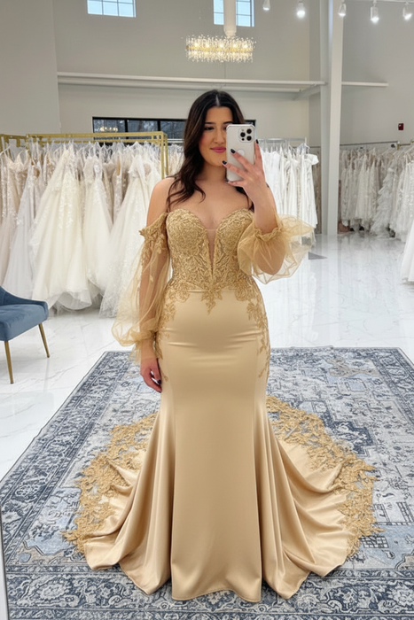 Champagne Beautiful Sweetheart Appliques Lace Mermaid Wedding Dresses - Wedding Dresses