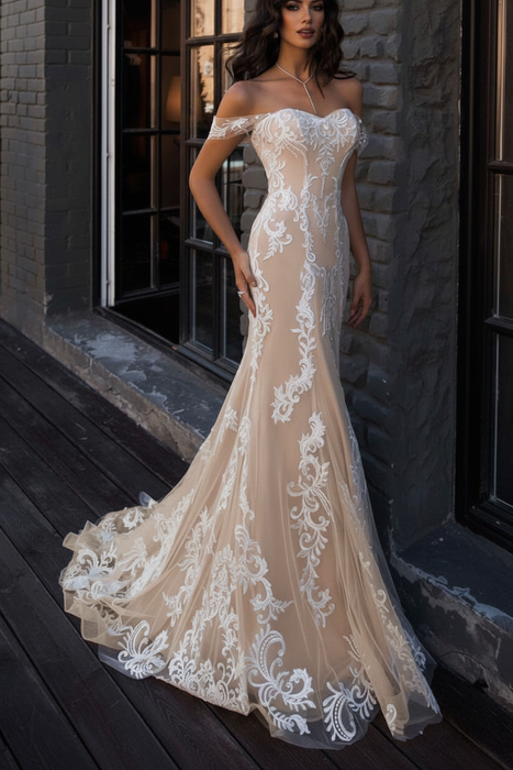 Champagne boho wedding dresses mermaid off the shoulder lace short sleeve floor length bridal gown with sweep train