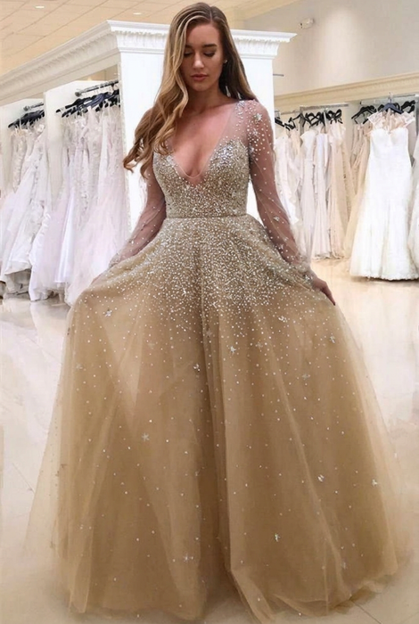 Champagne Bridelily A-line Long Sleeves V-neck Floor-length Tulle Pearls Prom Dresses