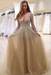 Champagne Bridelily A-line Long Sleeves V-neck Floor-length Tulle Pearls Prom Dresses