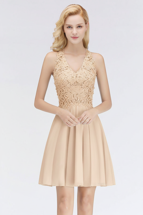 Champagne V-Neck Short Lace Bridesmaid Dress