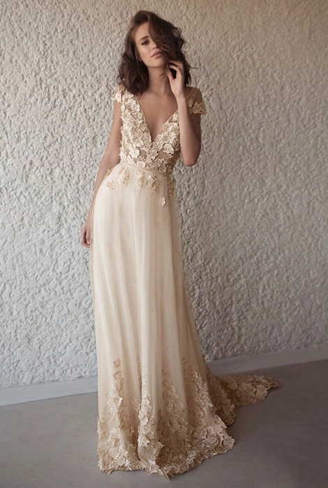 Champagne Cap Sleeve V Neck Beach Boho Appliques Wedding Dress - Wedding Dresses