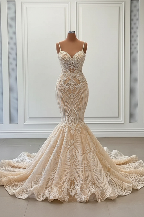 Champagne Charming Sleeveless Spaghetti Straps Mermaid Wedding Dress with Ruffles - wedding dress