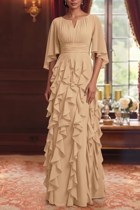 Champagne Chiffon Mother of the Bride Dress Flutter Sleeves with Cascading Ruffles
