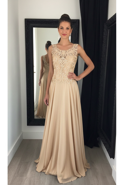 Champagne Chiffon A-Line Prom Dress Scoop Neck with Lace Appliques