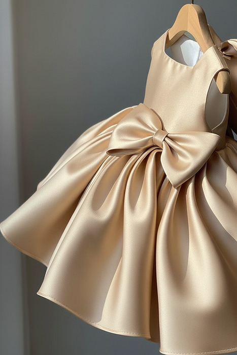 Champagne Cute Satin Princess Ball Gown Mini Flower Girl Dresses with Bow