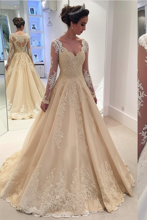 Champagne Elegant A-line V Neck Long Sleeves Wedding Dress - Wedding Dresses