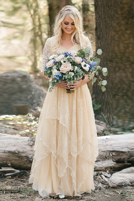 Champagne Elegant Half Sleeves V-neck Lace Boho Wedding Dress - wedding dresses