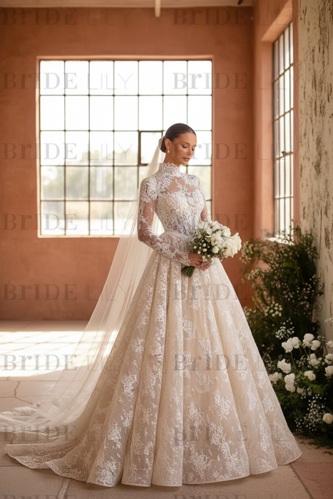 Champagne Elegant High Neck Long Sleeves A-Line Appliques Lace Wedding Dress