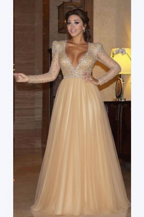 Champagne Elegant Long Sleeve Formal Dress with Beads A Line Sparkle V Neck Evening Dresses - Prom Dresses